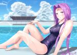  1girl barefoot chaldea_logo covered_navel facial_mark fate/grand_order fate_(series) forehead forehead_mark highres long_hair looking_at_viewer medusa_(fate) medusa_(rider)_(fate) one-piece_swimsuit pool poolside purple_eyes purple_hair sitting solo sou_skate714 swimsuit wet 
