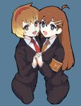  2girls ahoge armband black_jacket black_pants blue_background blue_eyes breast_press breasts bright_pupils brown_armband brown_hair brown_necktie collared_shirt commentary_request hair_ornament hairband hairclip hod_(project_moon) jacket light_brown_hair lobotomy_corporation long_hair long_sleeves malkuth_(project_moon) medu_(rubish) multiple_girls necktie open_mouth pants project_moon red_hairband red_necktie shirt short_hair simple_background small_breasts smile symmetrical_docking teeth upper_teeth_only white_pupils white_shirt 