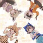  4girls absurdres animal_ears anniversary beret black_gloves blonde_hair blue_bow blue_bowtie blue_headwear blue_skirt blue_sleeves blush bow bowtie breast_pocket brown_hair brown_skirt cat_ears cat_girl cat_tail center_frills choker closed_eyes crab-eating_raccoon_(kemono_friends) detached_sleeves elbow_gloves epaulettes fox_ears fox_girl fox_tail frills fur_trim gloves grey_hair hair_between_eyes hat high-waist_skirt highres hikari_(kemono_friends) jacket japari_symbol kemono_friends kemono_friends_3 kuromitsu_(9633_kmfr) large-spotted_genet_(kemono_friends) long_sleeves multicolored_hair multiple_girls open_clothes open_jacket open_mouth orange_jacket pink_sweater pleated_skirt pocket print_skirt print_sleeves puffy_sleeves purple_bow purple_bowtie raccoon_ears raccoon_girl raccoon_tail red_choker rueppell&#039;s_fox_(kemono_friends) safari_jacket shirt short_sleeves short_twintails sidelocks skirt smile sweater tail thighhighs translation_request twintails two-tone_hair white_fur white_hair white_shirt yellow_bow yellow_bowtie yellow_eyes yellow_gloves zettai_ryouiki 