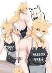  2girls animal_ear_fluff animal_ears apron arknights bare_arms bare_back bare_shoulders black_apron blonde_hair blush clothes_writing commentary full-face_blush long_hair looking_at_viewer multiple_girls multiple_views nearl_(arknights) platinum_(arknights) smile supershrimpcakes upper_body white_hair yellow_eyes 