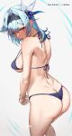  1girl ass ass_focus bare_shoulders black_hairband blue_hair blush bra breasts butt_crack eula_(genshin_impact) genshin_impact hair_between_eyes hair_ornament hairband highres lace lace-trimmed_panties lace_trim large_breasts lingerie liremi looking_at_viewer medium_hair panties purple_eyes solo thighs underwear underwear_only 