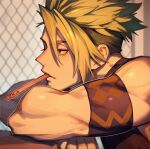  1boy absurdres achilles_(fate) armband brown_eyes brown_theme crossed_arms eyelashes fate/apocrypha fate_(series) food_in_mouth green_hair hair_between_eyes haruakira highres indoors leaning_on_table male_focus mature_male muscular muscular_male popsicle_in_mouth short_hair solo spiked_hair undercut window 