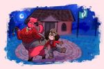  animal_crossing anthro bottomwear breasts canid canine canis cherry_(animal_crossing) clothing digby_(animal_crossing) domestic_dog duo eyewear female fur glasses hi_res larger_female male mammal nintendo red_body red_fur rougefetus shih_tzu shirt size_difference skirt smaller_male thick_thighs topwear toy_dog 