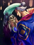  1boy blue_hair blue_kimono closed_mouth denjirou_(one_piece) hair_ornament holding holding_skull japanese_clothes kimono living_(pixiv5031111) one_piece ponytail skeleton skull smile solo sunglasses 