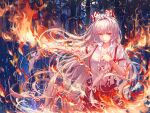  1girl arm_strap bamboo bamboo_forest bow burning_clothes collared_shirt commentary_request cowboy_shot fire forest fujiwara_no_mokou fuunyon hair_bow hand_on_own_chest highres long_hair looking_at_viewer nature night ofuda ofuda_on_clothes outdoors pants parted_lips partially_unbuttoned red_bow red_eyes red_pants shirt smile solo suspenders touhou two-tone_bow very_long_hair white_bow white_hair white_shirt 