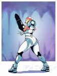  1girl arm_cannon armored_boots artist_name ass boots commentary english_commentary from_behind full_body fusion_suit helmet izra metroid metroid_fusion power_armor samus_aran solo v watermark weapon 