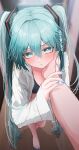  1boy 1girl :t absurdres alternate_costume aqua_eyes aqua_hair bags_under_eyes black_bra blurry blurry_background blush bra breasts fingernails hair_between_eyes hand_on_another&#039;s_cheek hand_on_another&#039;s_face hatsune_miku hetero highres holding_another&#039;s_wrist indoors kyktsu long_hair looking_at_viewer medium_breasts nail_polish open_clothes open_shirt pov pov_hands shirt tears toenail_polish toenails translation_request twintails underwear very_long_hair vocaloid white_shirt 