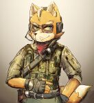  absurd_res anthro belt blue_eyes camo camo_print canid canine clothing eyewear fingerless_gloves fox fur gloves hand_on_hip handwear hi_res holster james_mccloud katamichi male mammal military military_uniform multicolored_body multicolored_fur nintendo pockets simple_background smile solo star_fox sunglasses two_tone_body two_tone_fur uniform 
