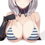  1girl bikini breasts closed_mouth commentary_request detached_collar enosan gauntlets grey_hair hololive large_breasts mole mole_on_breast shirogane_noel shirogane_noel_(1st_costume) short_hair simple_background smile solo striped striped_bikini swimsuit upper_body virtual_youtuber white_background 