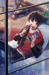  1boy black_hair black_pants commentary_request ensemble_stars! fangs food hair_between_eyes holding holding_food holding_pocky indoors jacket light long_sleeves looking_at_viewer male_focus open_clothes open_jacket open_mouth pants pillow pocky red_eyes red_shirt rolling_suitcase sakuma_ritsu seuga shirt short_hair solo suitcase table 