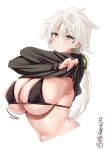  1girl asymmetrical_hair black_bra black_shirt blush bra braid braided_ponytail breasts cupless_bra ebifurya grey_hair highres kantai_collection large_breasts lifted_by_self long_hair long_sleeves looking_at_viewer open_mouth shirt simple_background single_braid smile solo twitter_username underwear unryuu_(kancolle) upper_body very_long_hair wavy_hair white_background white_hair yellow_eyes 
