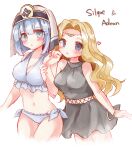  2girls alternate_costume bikini blonde_hair blue_bikini blue_hair blush breasts character_name circlet cleavage dress edain_(fire_emblem) fire_emblem fire_emblem:_genealogy_of_the_holy_war fire_emblem_echoes:_shadows_of_valentia frilled_bikini frills grey_dress grey_eyes heart large_breasts long_hair looking_at_viewer multiple_girls short_hair silque_(fire_emblem) sui_(aruko91) swimsuit white_bikini 