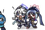  ! 3girls animal_ear_fluff animal_ears antenna_hair armband beleullin blue_archive blue_eyes blue_hair blue_necktie blue_scarf blue_vest blush_stickers boots chibi commentary_request doughnut eating food fubuki_(blue_archive) full_body gloves grey_hair hair_ornament halo hat heart heart_hair_ornament holding holding_food kirino_(blue_archive) mask multicolored_hair multiple_girls necktie open_mouth pointing pointing_at_another police police_hat police_uniform policewoman purple_armband scarf shiroko_(blue_archive) shirt simple_background streaked_hair uniform vest white_background white_gloves white_hair white_shirt 
