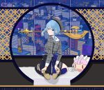  1girl absurdres bed_sheet beret blue_eyes blue_hair blue_skirt boots building city city_lights cityscape english_text grey_headwear grey_shirt halberd hat high_heel_boots high_heels highres hololive hoshimachi_suisei hoshimachi_suisei_(1st_costume) jacket long_hair long_sleeves looking_at_viewer looking_back maid_headdress master117 medium_hair minato_aqua multicolored_hair open_mouth plaid plaid_jacket plaid_shirt polearm seiza shirt sitting skirt skyscraper smile star_bracelet two-tone_hair virtual_youtuber weapon window zettai_ryouiki 