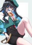 1girl bare_shoulders beret black_hair black_shorts blue_hair blunt_bangs bracelet breasts buttons colored_inner_hair double-breasted doughnut eyeliner fate/grand_order fate_(series) food green_headwear green_jacket grey_eyes hat highres ichi_kq jacket jewelry knee_up long_hair long_sleeves looking_at_viewer makeup multicolored_hair neck_ring o-ring off_shoulder round_eyewear shorts sidelocks sitting small_breasts solo sunglasses tenochtitlan_(fate) thighs wavy_hair zipper 