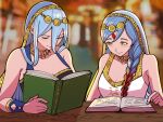  2girls azura_(fire_emblem) bare_shoulders blue_hair blurry blurry_background book breasts cleavage closed_mouth collarbone english_commentary fire_emblem fire_emblem_fates forehead_jewel gem gradient_hair holding holding_book jewelry light_blue_hair lilith_(fire_emblem) mnejing30 multicolored_hair multiple_girls necklace open_book red_gemstone red_hair smile table two-tone_hair veil wooden_table yellow_eyes 