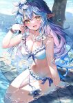  1girl :d alternate_costume arm_support bikini blue_hair blush bracelet breasts cleavage commentary_request double-parted_bangs flower frilled_bikini frills hair_flower hair_ornament hololive jewelry large_breasts long_hair looking_at_viewer multicolored_hair navel open_mouth outdoors pointy_ears sho_(runatic_moon) sitting smile snowflake_hair_ornament soaking_feet solo streaked_hair swimsuit thigh_strap very_long_hair virtual_youtuber wading white_bikini yellow_eyes yukihana_lamy 