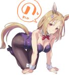  1girl animal_ears black_pantyhose blonde_hair blush bob_cut breasts cleavage closed_mouth commentary_request detached_collar full_body hair_ornament high_heels highres horse_ears horse_girl horse_tail large_breasts looking_at_viewer medium_hair narita_top_road_(umamusume) pantyhose parted_bangs partial_commentary playboy_bunny simple_background solo speech_bubble starheart tail towel umamusume white_background wrist_cuffs yellow_eyes 