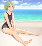  1girl ahoge alternate_costume back_cutout barefoot beach black_one-piece_swimsuit blue_sky closed_mouth clothing_cutout cloud elf full_body green_hair highres mizumori_keiichi mushoku_tensei ocean on_ground one-piece_swimsuit pointy_ears red_eyes sand short_hair sitting sky smile solo swimsuit sylphiette_(mushoku_tensei) water 