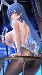  1girl absurdres animal_ears ass back bare_shoulders blue_hair breasts commission cup detached_collar fake_animal_ears fireworks from_behind girls&#039;_frontline hair_between_eyes hand_rest highleg highleg_leotard highres holding holding_cup large_breasts leotard long_hair looking_at_viewer median_furrow mookie_(e_mook9) night official_alternate_costume on_railing pantyhose pixiv_commission playboy_bunny rabbit_ears rabbit_girl rabbit_tail railing sideboob solo strapless strapless_leotard tail tail_through_clothes tar-21_(girls&#039;_frontline) tar-21_(night_at_the_bar)_(girls&#039;_frontline) thighband_pantyhose thighs very_long_hair white_leotard wrist_cuffs yellow_eyes 
