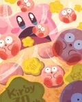  anniversary blue_eyes blush_stickers commentary cookie food highres inhaling kirby kirby&#039;s_dream_buffet kirby_(series) miclot no_humans open_mouth pink_footwear shoes sparkling_eyes star_(symbol) 