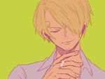  1boy archived_source bad_id bad_twitter_id blonde_hair cigarette closed_eyes curly_eyebrows goatee_stubble green_background hair_over_one_eye male_focus namagomi_(op_laaaaw_tan) one_piece sanji_(one_piece) shirt smoking solo 