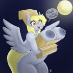  absurd_res amber_eyes anthro anthrofied appelknekten areola big_breasts blonde_hair breasts derp_eyes derpy_hooves_(mlp) dialogue english_text equid equine friendship_is_magic full_moon genitals hair hasbro hi_res mammal moon my_little_pony nipples paper_bag pegasus pussy text wings 