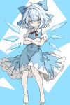  1girl barefoot blue_bow blue_dress blue_eyes blue_hair bow cirno closed_mouth detached_wings dress fairy feet full_body hair_between_eyes hair_bow highres ice ice_wings looking_at_viewer pi_t_w_o puffy_short_sleeves puffy_sleeves shirt short_hair short_sleeves solo toes touhou white_shirt wings 