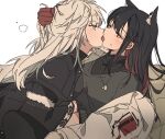  2girls animal_ear_fluff animal_ear_piercing animal_ears arknights black_hair black_jacket black_shirt blue_eyes blush clothes_lift dog_tags ear_piercing extra_ears eye_contact face-to-face french_kiss from_side fur_trim girl_on_top gloves grabbing_another&#039;s_hair hair_between_eyes hand_under_clothes holding jacket jewelry kiss lappland_(arknights) long_hair long_sleeves looking_at_another lying messy_hair multicolored_hair multiple_girls necklace on_back open_clothes open_jacket open_mouth piercing profile red_gloves red_hair seri_(vyrlw) shirt shirt_lift simple_background sweatdrop texas_(arknights) tongue tongue_out white_background white_hair white_jacket wolf_ears yellow_eyes yuri 