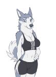 amelie_(lf) anthro athletic athletic_wear blue_eyes bottomwear breasts canid canine canis clothed clothing domestic_dog female fur fur_markings grey_body grey_fur gym_bottomwear gym_clothing gym_shorts hi_res husky lf lying mammal markings neck_tuft nordic_sled_dog on_front raised_tail shorts smile solo spitz standing tail thick_neck topwear tuft white_body white_fur 