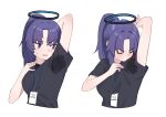  1girl arm_up black_shirt blue_archive blush breasts closed_eyes closed_mouth cropped_torso halo heuyeoking highres id_card long_hair multiple_views open_mouth ponytail purple_eyes purple_hair shirt short_sleeves simple_background smell smelling smelling_armpit sweat upper_body white_background yuuka_(blue_archive) yuuka_(track)_(blue_archive) 