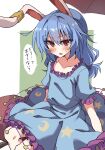  1girl animal_ears blue_dress blue_hair blush collarbone crescent_print dress highres long_hair low-tied_long_hair mifutatsu petticoat puffy_short_sleeves puffy_sleeves rabbit_ears red_eyes seiran_(touhou) short_sleeves simple_background solo speech_bubble star_(symbol) star_print sweatdrop touhou translation_request tsurime 