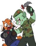  2d_(artwork) ailurid alpha_channel alyx_(not_odessa) anthro bear black_clothing black_hoodie black_topwear clothing cybernetic_limb duo eyebrows fire_poker flippy_(htf) fur gore green_body green_fur hammer happy_tree_friends holding_object holding_weapon hoodie imminent_death inner_ear_fluff killing male male/male mammal melee_weapon military military_clothing murderer orange_body orange_fur pegacousin red_panda serial_killer shirt simple_background sword sword_in_eye teeth teeth_removal tools topwear transparent_background tuft weapon 