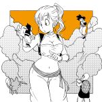  1girl 5boys arabian_clothes baggy_pants bandeau breasts bulma carrying cleavage commentary cropped_vest dragon_ball dragon_ball_(classic) dragon_ball_z floating flying_sweatdrops giant giantess greyscale_with_colored_background highres large_breasts multiple_boys muten_roushi navel oil_lamp pants pink_mousse pointing puar son_goku turtle_shell vegeta vest 