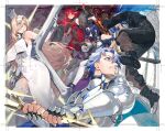  2boys 3girls armor bangle blonde_hair blue_hair boots bracelet breasts character_request copyright_request cover cover_page fingerless_gloves fur_scarf gloves holding holding_sword holding_weapon jewelry knight large_breasts light_blue_hair long_hair magic multiple_boys multiple_girls noy pointy_ears red_hair shoes short_hair small_breasts sword thighhighs weapon white_thighhighs 