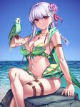  1girl absurdres armlet bare_shoulders bikini bird bracelet braid braided_ponytail breasts cleavage collarbone earrings fate/grand_order fate_(series) flower green_bikini green_vest hair_flower hair_ornament hair_ribbon highres hood hooded_vest hoodie jewelry kama_(fate) kama_(swimsuit_avenger)_(fate) kama_(swimsuit_avenger)_(second_ascension)_(fate) large_breasts long_hair looking_at_viewer lotus necklace parakeet parrot pendant ratoona_ab red_eyes ribbon swimsuit vest white_hair 