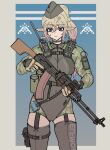  1girl absurdres ak-47 anus anus_peek assault_rifle blonde_hair camouflage elf flag garrison_cap gloves gun hat highres holster kalashnikov_rifle leotard light_machine_gun original pointy_ears ponytail radio rifle rpk-74 solo suihei_(foltheck) thigh_holster thighhighs trigger_discipline walkie-talkie weapon 