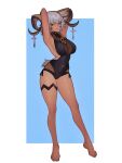  1girl absurdres animal_ears ankh ankh_necklace arknights arms_behind_head bare_legs barefoot black_one-piece_swimsuit blue_background breasts carnelian_(arknights) carnelian_(shimmering_dew)_(arknights) casual_one-piece_swimsuit cleavage cleavage_cutout clothing_cutout commission dark-skinned_female dark_skin distr full_body goat_ears goat_girl goat_horns goat_tail gold_horns grey_hair highres horn_ornament horns large_breasts looking_at_viewer medium_hair navel_cutout official_alternate_costume one-piece_swimsuit parted_lips red_eyes simple_background smile solo standing swimsuit white_background 