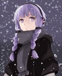  1girl ahoge alternate_costume alternate_hairstyle black_coat braid closed_mouth coat commentary_request earmuffs expressionless grey_scarf hair_ornament hair_scrunchie looking_at_viewer purple_background purple_eyes purple_hair scarf scrunchie short_hair_with_long_locks snowing solo toromera twin_braids upper_body vocaloid voiceroid yuzuki_yukari 
