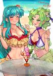  2girls aqua_hair bikini blush breasts collarbone commentary_request commission eirika_(fire_emblem) eirika_(summer)_(fire_emblem) fire_emblem fire_emblem:_the_sacred_stones fire_emblem_heroes flower food food_on_face green_eyes green_hair hair_flower hair_ornament highres holding holding_spoon ice_cream_spoon jewelry l&#039;arachel_(fire_emblem) l&#039;arachel_(summer)_(fire_emblem) looking_at_another multiple_girls navel necklace official_alternate_costume parfait r123 skeb_commission spoon swimsuit table 