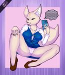  aggretsuko animal_humanoid canid canid_humanoid canine canine_humanoid clothing female fennec fennec_humanoid fenneko footwear fox fox_humanoid hi_res holding_object holding_phone humanoid intersex intersex/male laugh male mammal mammal_humanoid nails neodrani panties phone sanrio sharp_nails shoes sitting solo speech_bubble spread_legs spreading tail taking_photo underwear upskirt 
