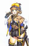  +_+ 1girl bag black_skirt blush breasts camera capelet colored_pencil_(medium) double_bun goddess_of_victory:_nikke green_eyes hair_bun hand_on_own_hip hat highres holding holding_camera light_brown_hair long_sleeves looking_at_viewer michikusa_choco novel_(nikke) open_mouth parted_lips pen pen_behind_ear plaid plaid_capelet shirt simple_background skirt solo traditional_media twitter_username white_background white_shirt 
