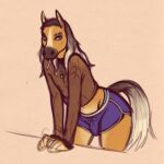  anthro bent_over black_hair bottomwear bulge cigarette clay_(glopossum) clothing equid equine girly glopossum gradient_hair hair hi_res horse jewelry male mammal necklace nipples shorts simple_background solo tail translucent translucent_clothing translucent_topwear white_hair 