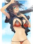  1girl :d arm_up armpits bikini black_hair black_necktie black_sailor_collar black_serafuku blue_sky blush breasts cleavage clothes_lift cloud collarbone dark-skinned_female dark_skin day flame_print floating_hair green_eyes groin hair_ribbon hand_up hebijo_academy_uniform high_ponytail homura_(senran_kagura) kinako_(mzknk0) large_breasts linea_alba long_hair looking_at_viewer midriff navel necktie open_mouth outdoors ponytail print_bikini ribbon sailor_collar school_uniform senran_kagura senran_kagura_shoujo-tachi_no_shin&#039;ei serafuku shiny_skin shirt_lift short_sleeves sky smile solo stomach swimsuit tan tongue waving white_ribbon 