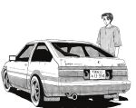  1boy car fujiwara_takumi fujiwara_takumi&#039;s_toyota_trueno_ae86 hair_behind_ear highres initial_d license_plate looking_at_viewer male_focus motor_vehicle nasu_(056a083b) parted_bangs parted_lips plaid plaid_shirt shadow shirt short_hair simple_background solo toyota toyota_sprinter_trueno vehicle_focus white_background 