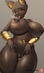  2023 absurd_res anthro anubian_jackal anubis_(whisperingfornothing) areola big_breasts black_body bodily_fluids breasts canid canine canis female genitals hi_res jackal macaronneko mammal nipples pussy red_eyes solo sweat tongue tongue_out 