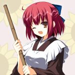  1girl :d apron asagi_nanami blue_bow blush bow broom brown_kimono commentary_request eyebrows_hidden_by_hair eyelashes floral_print hair_between_eyes hair_bow half_updo happy highres holding holding_broom japanese_clothes kimono kohaku_(tsukihime) long_sleeves looking_at_viewer maid maid_apron medium_hair one_eye_closed open_mouth pink_background red_hair simple_background smile solo sunflower_print tsukihime wa_maid white_apron wide_sleeves yellow_eyes 