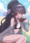  1girl bags_under_eyes beach bikini black_bikini black_cardigan black_hair blue_archive blue_eyes blue_sky breasts cardigan cloud cup day drinking_glass giorgio_(yo_sumire_sola1) hairband halo highres holding holding_cup jewelry long_hair looking_at_viewer necklace ocean official_alternate_costume open_cardigan open_clothes open_mouth outdoors ponytail purple_hairband sand sitting sky small_breasts smile solo swimsuit ui_(blue_archive) ui_(swimsuit)_(blue_archive) 