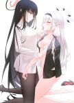  2girls after_kiss black_hair blue_archive blush breasts collarbone eye_contact facing_another grey_hair hair_ornament hair_tubes hairband halo highres himari_(blue_archive) infinity_(kkx132) jacket kneeling large_breasts long_hair long_sleeves looking_at_another medium_breasts multiple_girls pantyhose pointy_ears red_eyes rio_(blue_archive) saliva saliva_trail shoes shoes_removed simple_background sweat thighs tongue tongue_out very_long_hair white_background white_hair yuri 