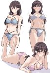  1girl absurdres arms_behind_back ass bang_dream! bare_arms bare_legs bare_shoulders barefoot bikini black_hair blue_bikini blush breasts breasts_apart cleavage closed_mouth collarbone cowboy_shot criss-cross_halter cropped_legs earrings feet_up groin hair_behind_ear hair_between_eyes halterneck hand_up highres jewelry long_hair looking_at_viewer lying medium_breasts mole mole_under_eye multi-strapped_bikini multi-strapped_bikini_bottom multiple_views navel on_stomach parted_lips pink_bikini ptal purple_eyes shina_taki side-tie_bikini_bottom simple_background single_earring soles standing stomach swimsuit the_pose underboob white_background white_bikini 